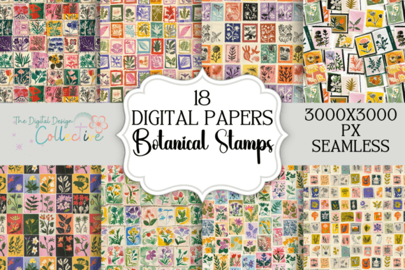 Download Seamless Botanical Stamps Digital Papers - Stamps Collection